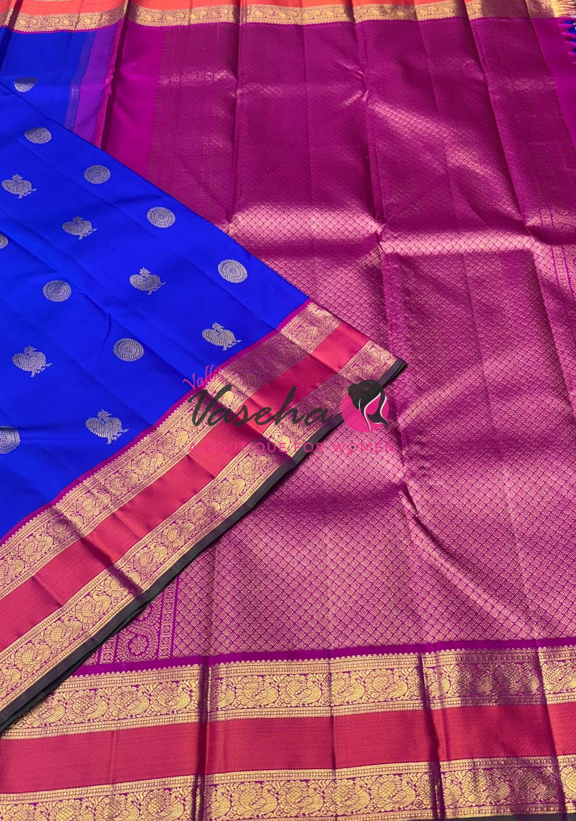 Pure Vintage Korvai Kanchipuram Silk Saree - Blue & Pink Combo - VVPS038