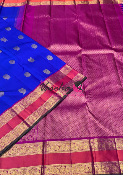Pure Vintage Korvai Kanchipuram Silk Saree - Blue & Pink Combo - VVPS038