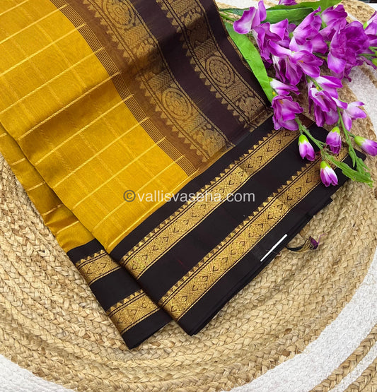 Pure Korvai Silk Cotton With Retta Petta Border - Checks pattern - Mustard Yellow & Brown - VVKSC013