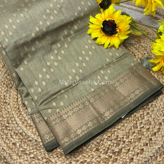 Semi Tussar Silk - Grand Pallu - Olive Green Shade - VVSTS017