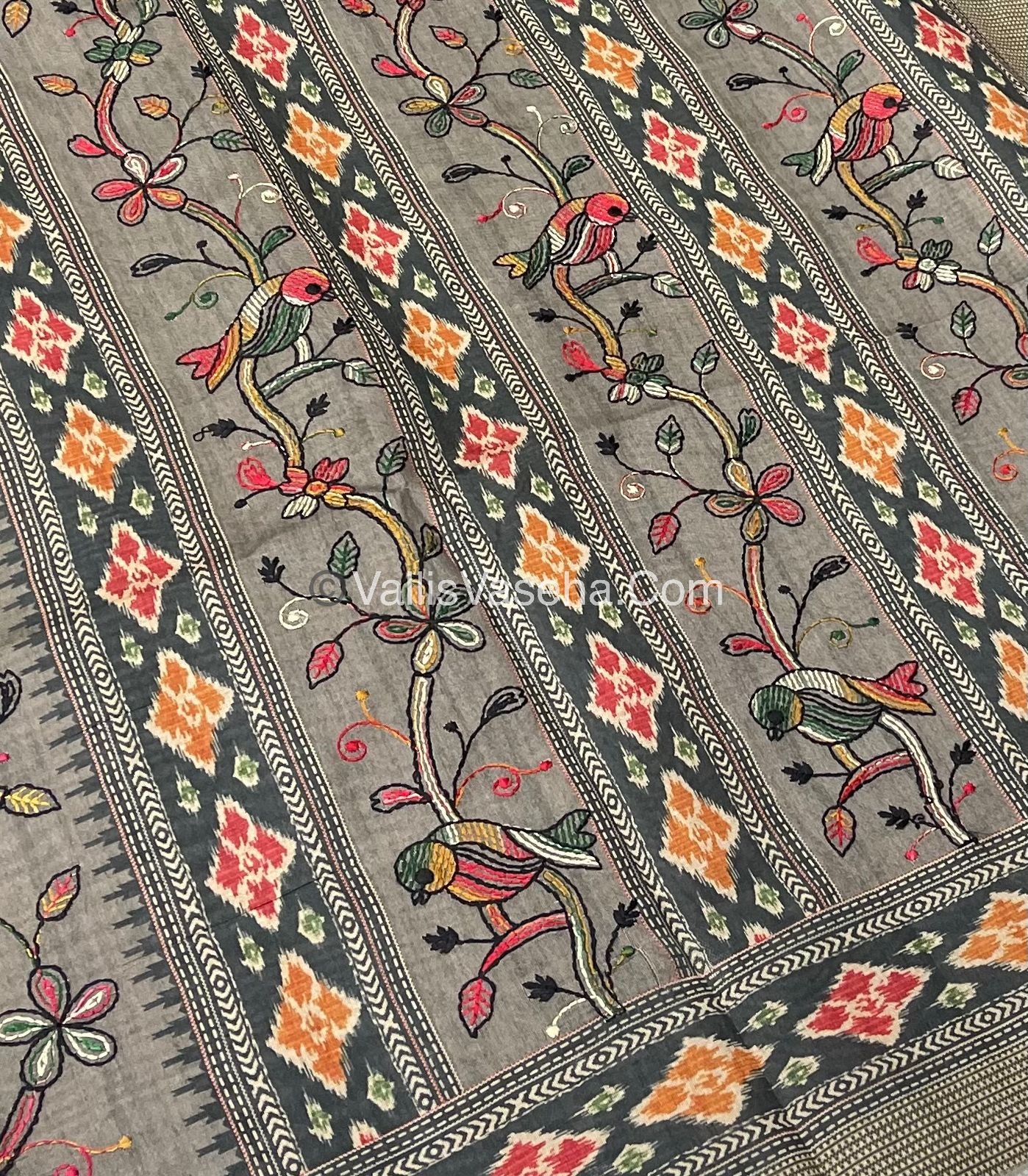 Semi Tussar - Kantha Work Embroidery - Grey Shade - VVSTK001