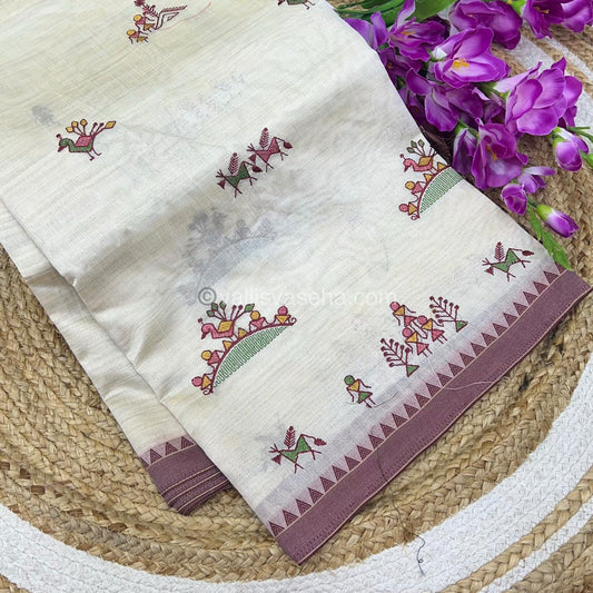 Semi Tussar Embroidery - Cream with Merun Combo - VVSTE001