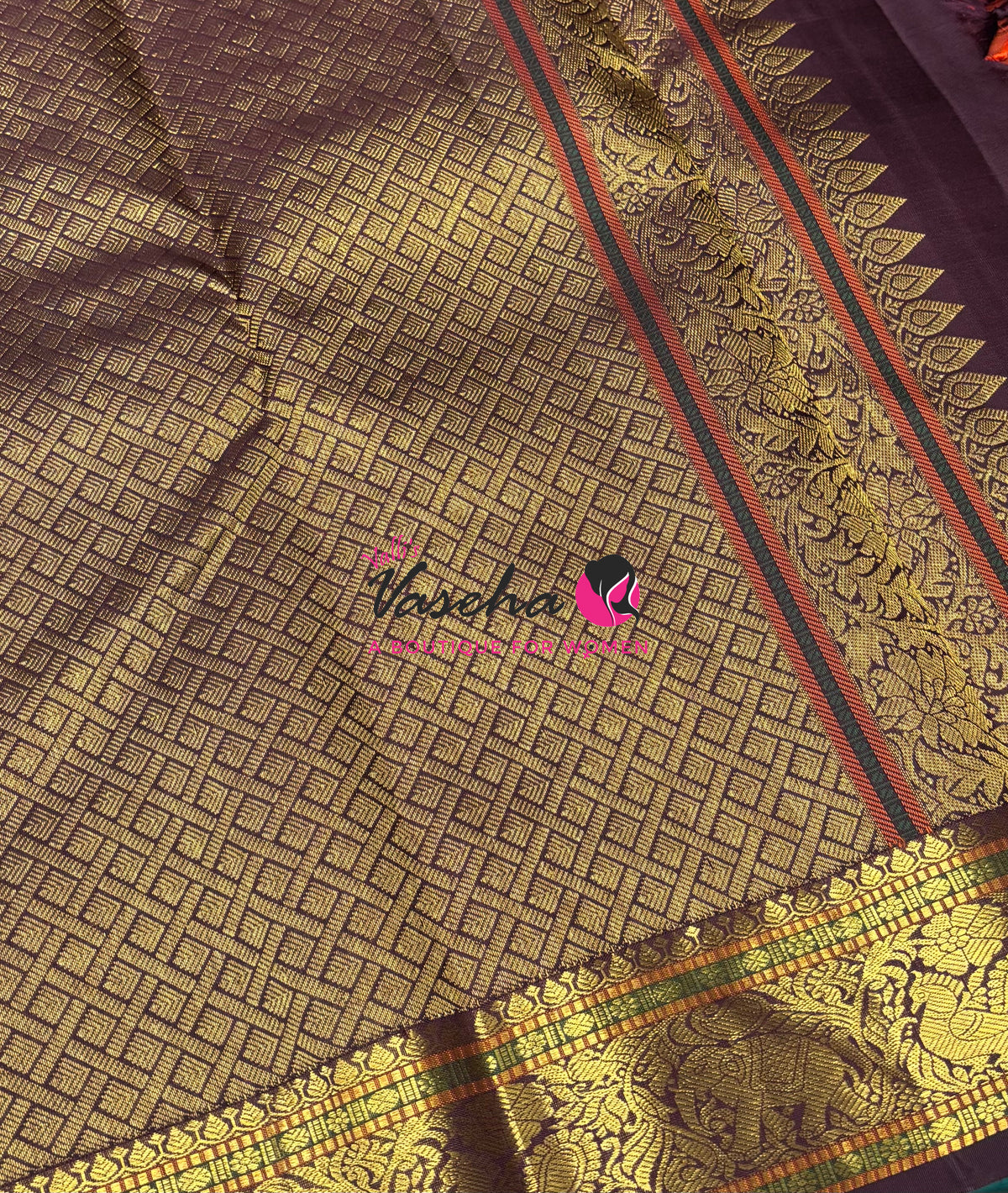 Pure Kanchipuram Silk Saree - Rust Orange With Wine Brown Combo - VVPS027
