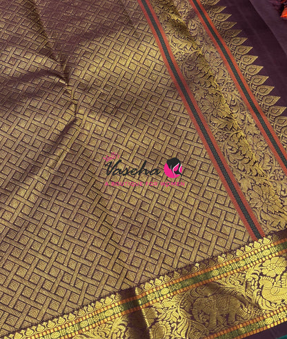 Pure Kanchipuram Silk Saree - Rust Orange With Wine Brown Combo - VVPS027