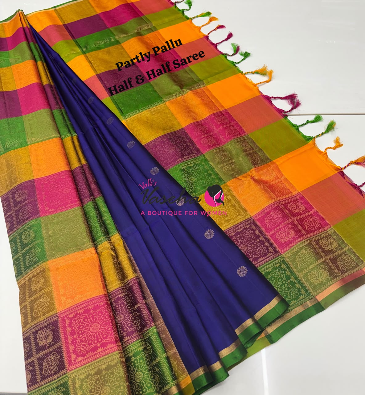 Pure Soft Silk Saree - Partly Pallu -  Half & Half Saree - Blue - VVPSS088