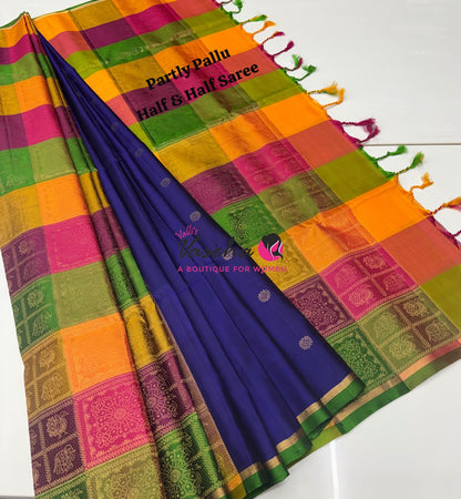 Pure Soft Silk Saree - Partly Pallu -  Half & Half Saree - Blue - VVPSS088