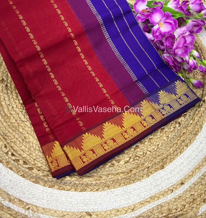 Semi Silk Cotton Saree - Red With Blue Shade - VVSSC005