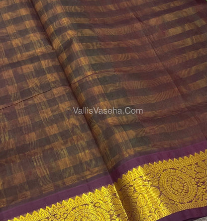Pure Korvai Silk Cotton With Retta Petta Border - Green & Yellow kattam pattern with Wine Brown - VVKSC003