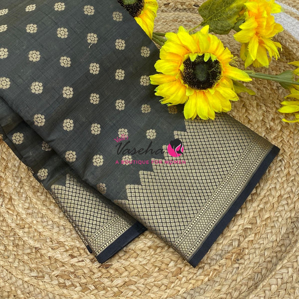 Semi Tussar Silk Saree | Black Shade |VVSTS057