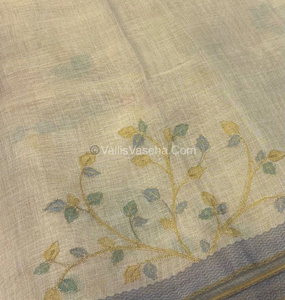Tissue Linen Saree - Cream With Blue Shade - VVTLS003