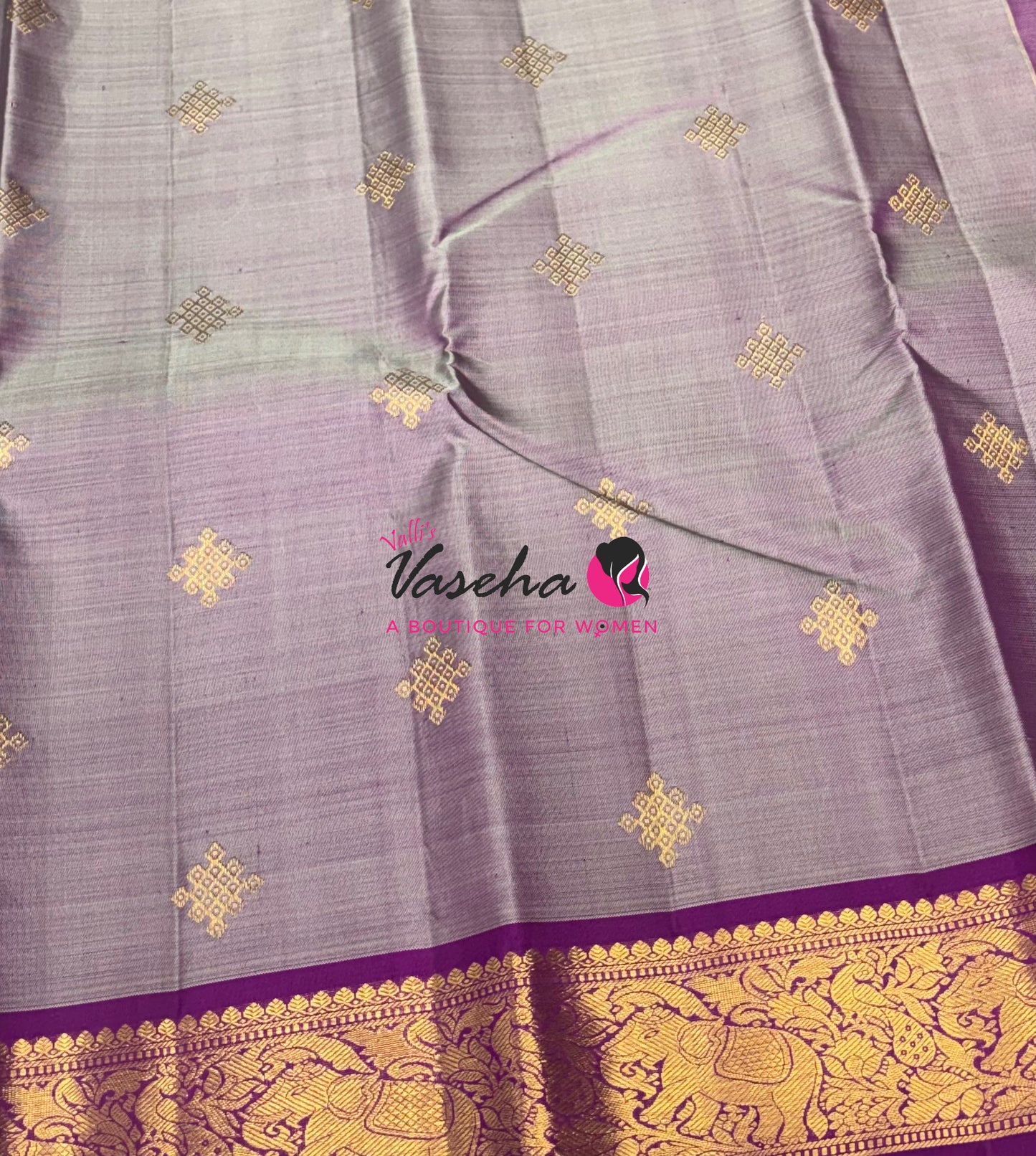 Pure Kanchipuram Silk Saree - Dual Tone Greenish Grey & Purple Combo - VVPS025