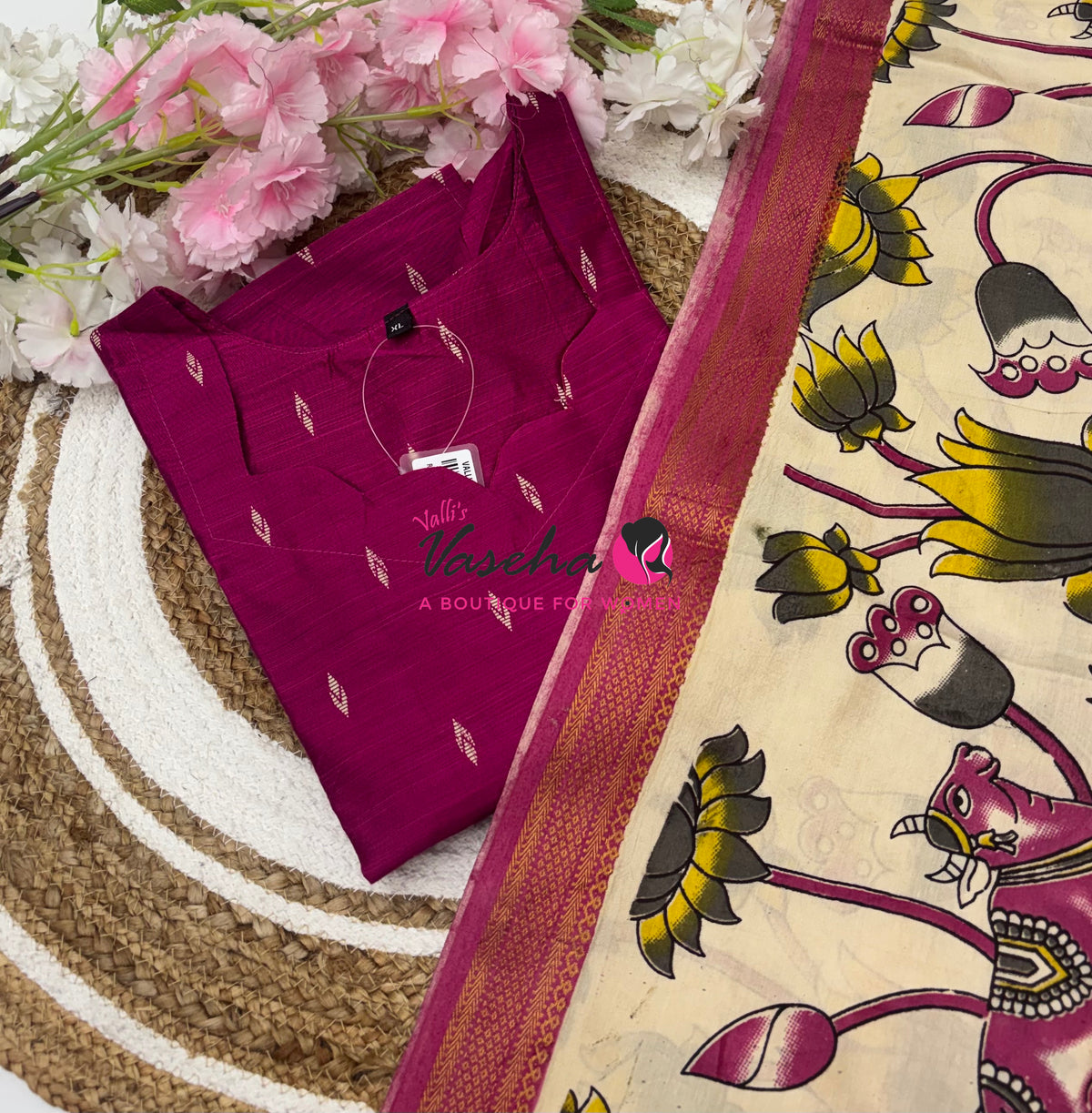 Ready Made - Semi Raw Silk Kurti with Chennur Silk Kalamkari Duppatta - 2pc Set - VVSRK002