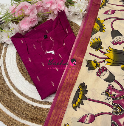 Ready Made - Semi Raw Silk Kurti with Chennur Silk Kalamkari Duppatta - 2pc Set - VVSRK002