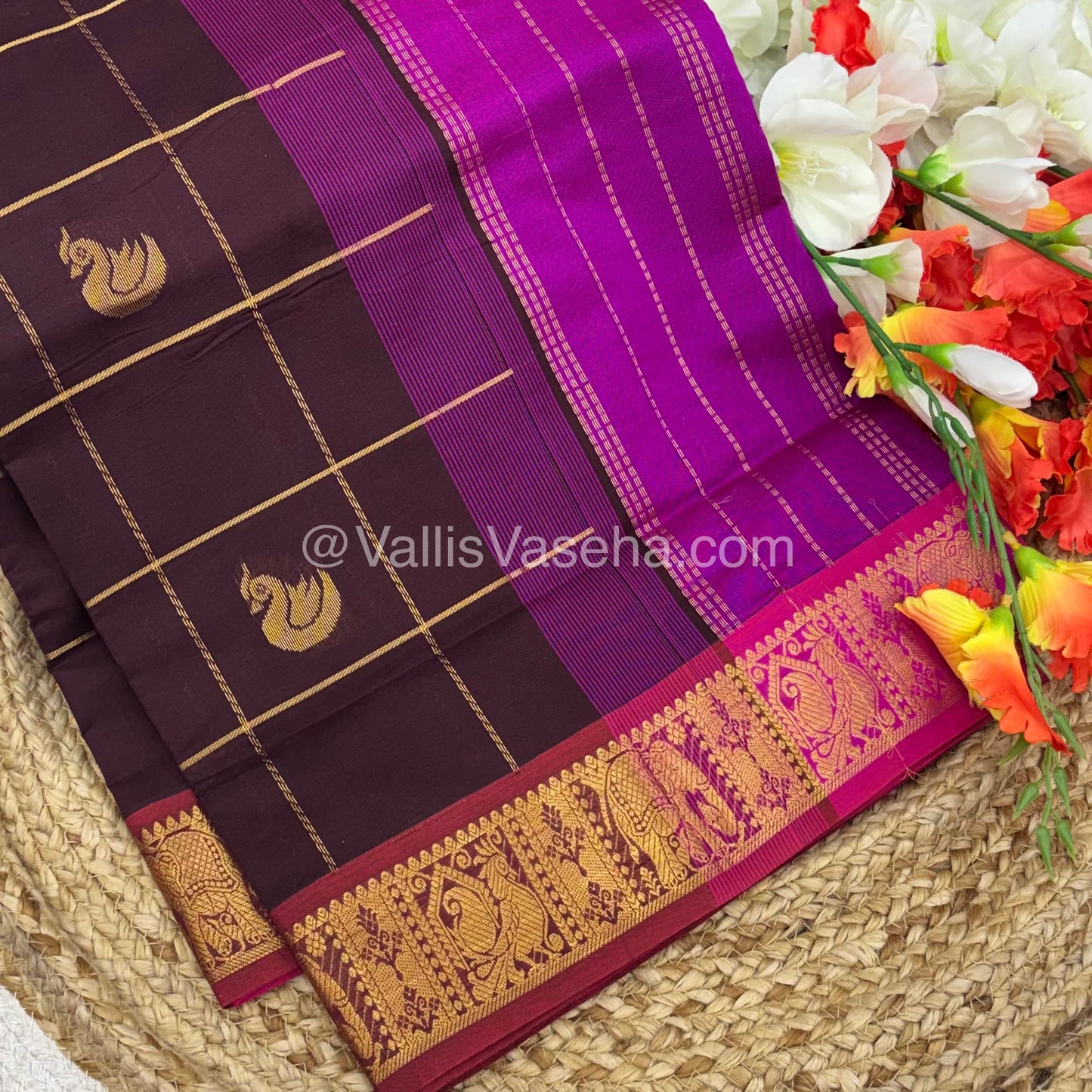 Semi Silk Cotton Saree - Brown with Purplish Pink shade - VVSSC002