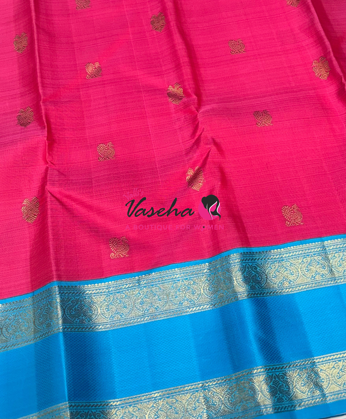 Pure Handloom Korvai Kanchipuram Silk Saree - 100% Pure Zari - Pink With Blue Combo - VVPS103