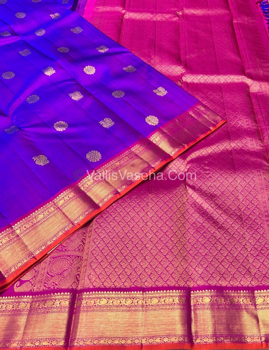 Pure Kanchipuram Silk Saree - Purplish Blue & Pink Combo - VVPS011