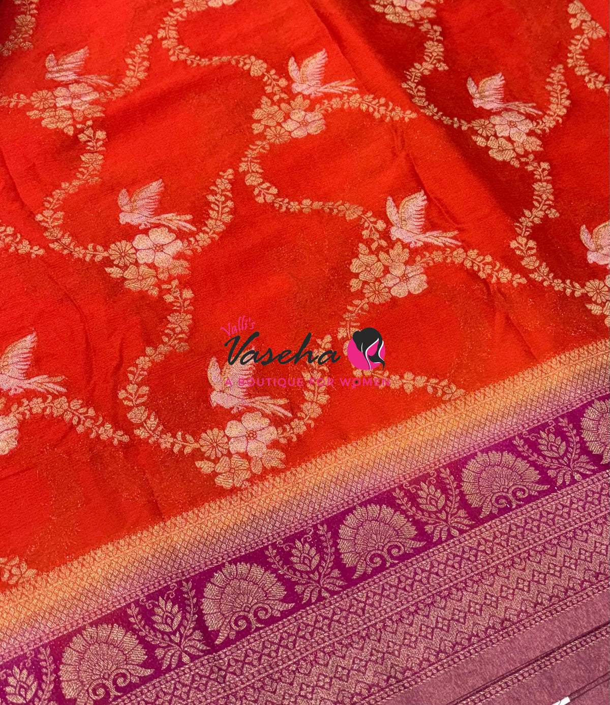 Banarasi Georgette Saree - Orange With Pink Combo - VVBGS002