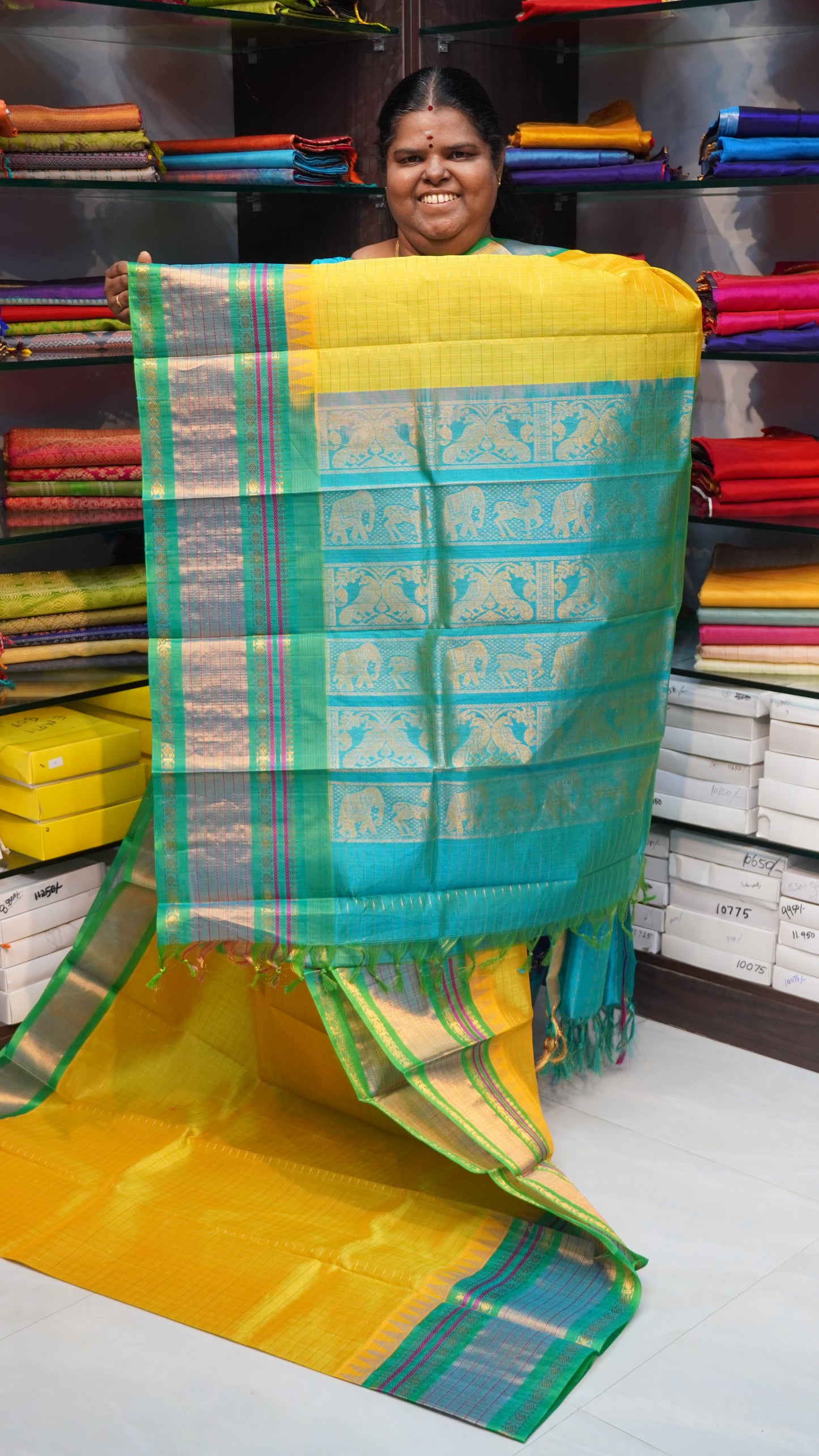 Pure Korvai Silk Cotton - Retta Petta border - Yellow & Green Combo - VVKSC010