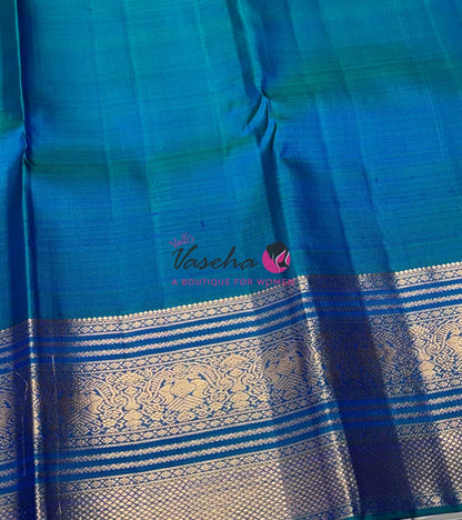 Pure Vintage Korvai Kanchipuram Silk Saree - Lemon Yellowish Green & Peacock Blue Combo - VVPS048