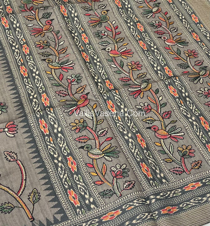 Semi Tussar - Kantha Work Embroidery - Grey Shade - VVSTK001