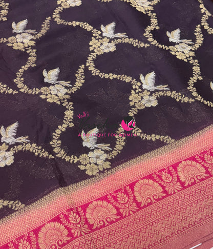 Banarasi Georgette Saree - Black With Pink Combo - VVBGS002