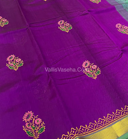 Pure Printed Silk Cotton Sarees - Purplish Pink with Green - VVPSC003