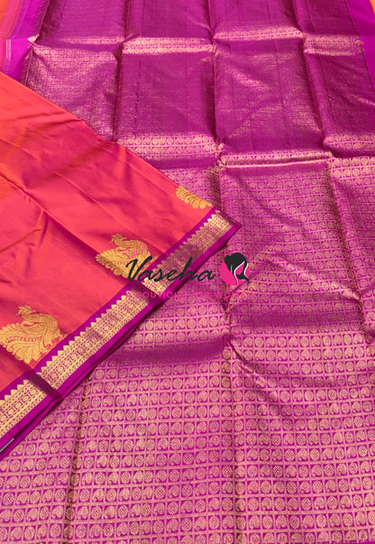 Pure Kanchipuram Silk Saree - Peach  with Pink - VVPS031