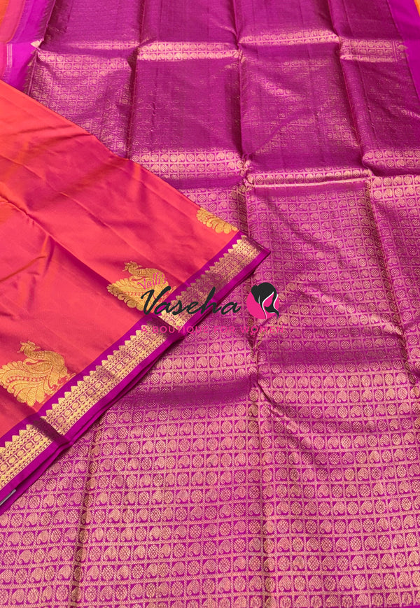 Pure Kanchipuram Silk Saree - Peach  with Pink - VVPS031