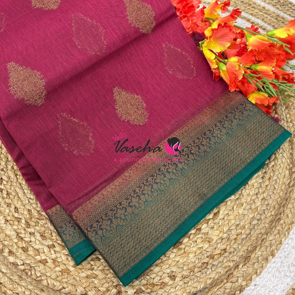 Bamboo Silk Saree - Light Pink with Blue - VVBSS018