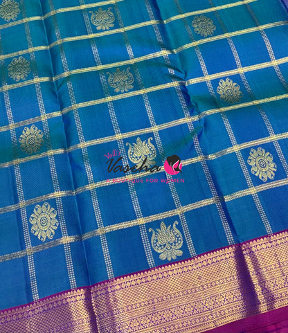 Pure Kanchipuram Silk Saree - Peacock Blue With Purplish Pink - VVPS097