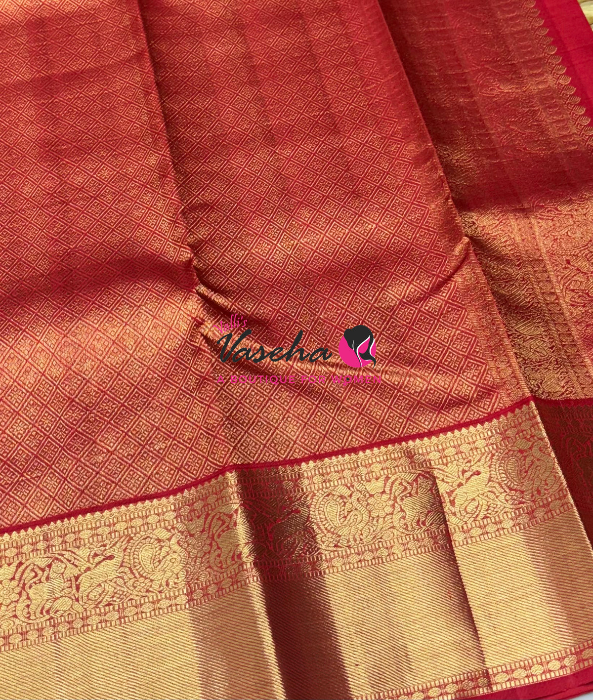Pure Vintage Korvai Kanchipuram Silk Saree - Cream With Red - VVPS102