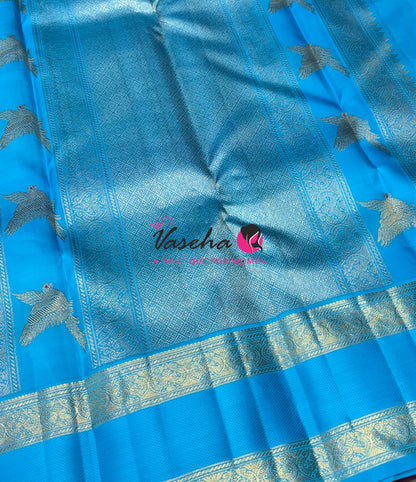 Pure Handloom Korvai Kanchipuram Silk Saree - 100% Pure Zari - Pink With Blue Combo - VVPS103