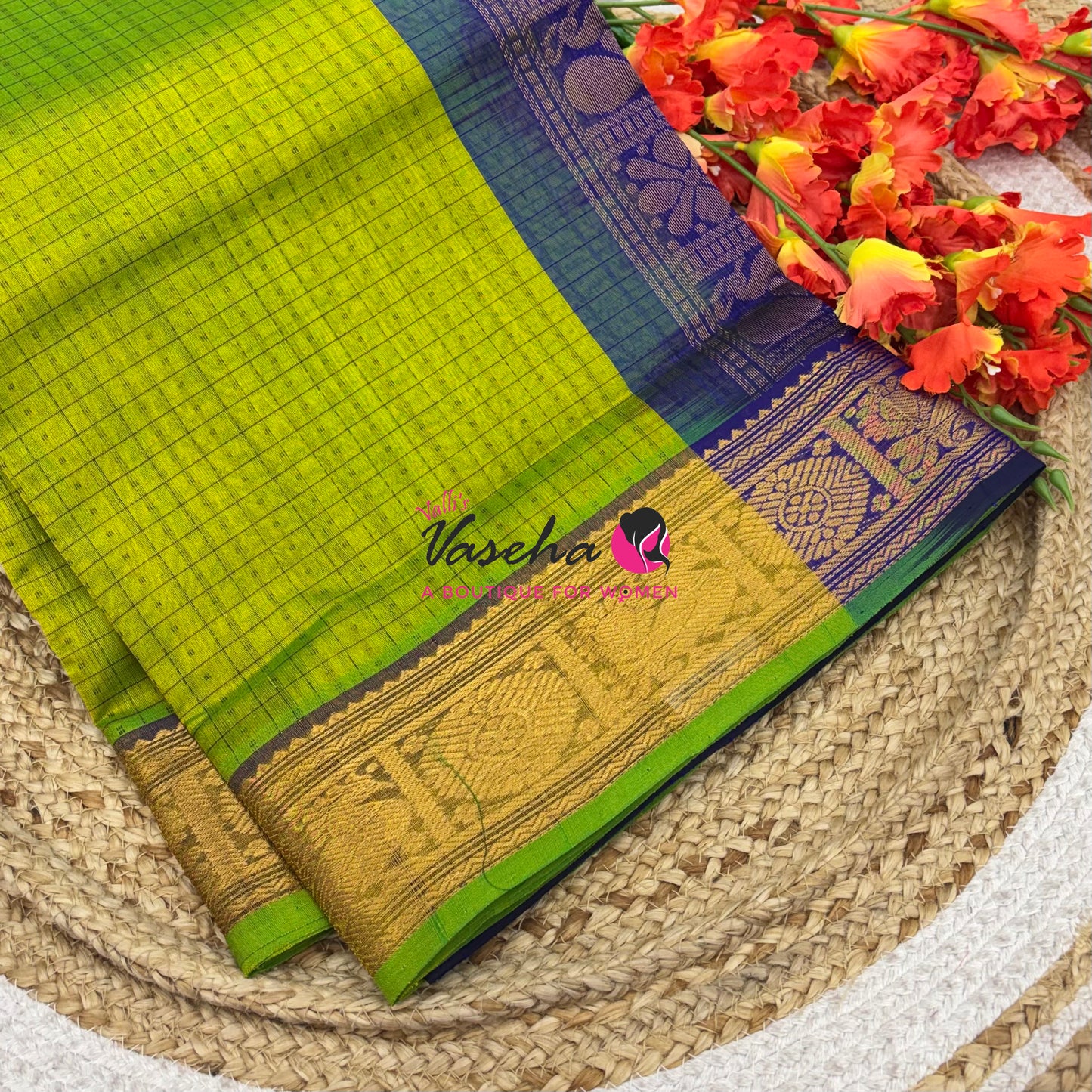 Pure Silk Cotton Saree - Green With Blue  Shade - Lakshadeepam Design - VVPLD001