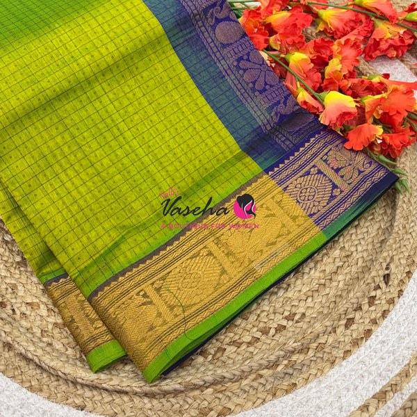 Pure Silk Cotton Saree - Green With Blue  Shade - Lakshadeepam Design - VVPLD001