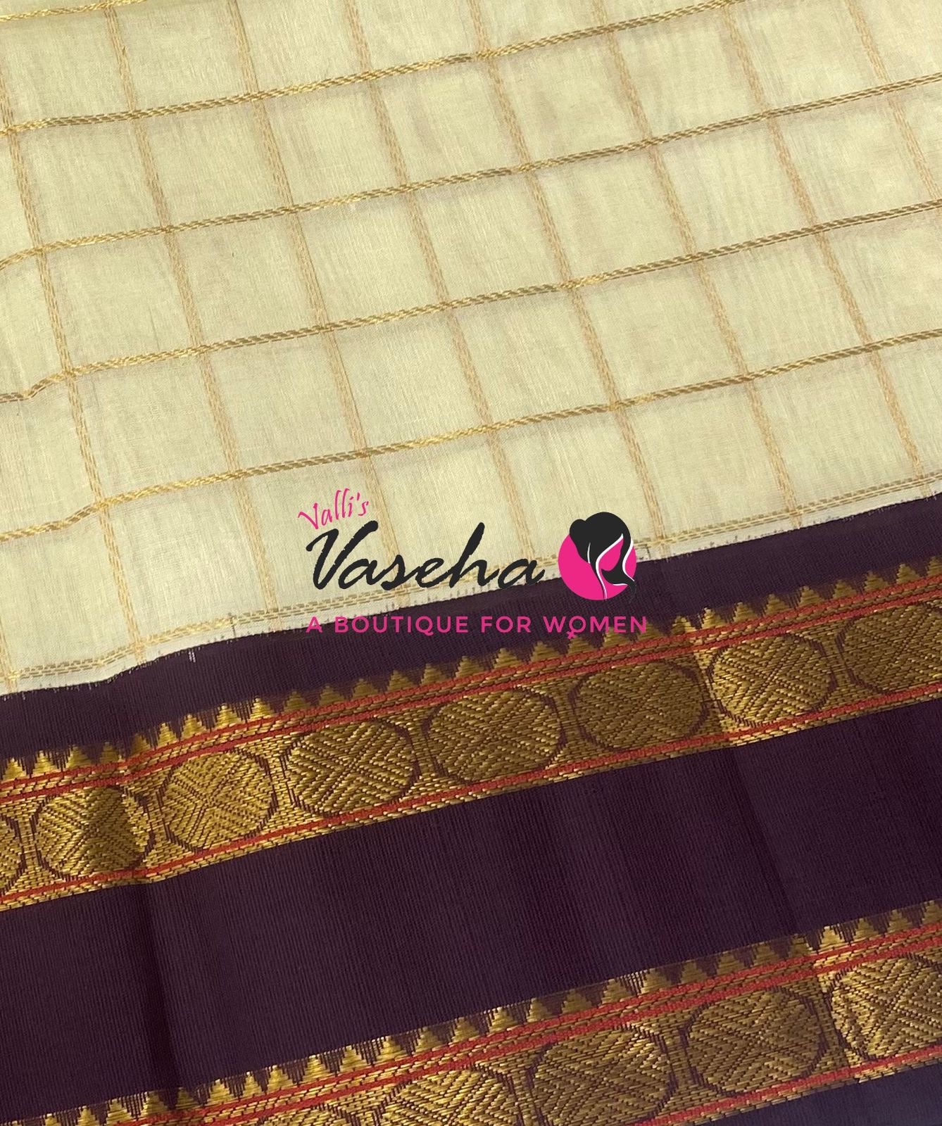 Pure Korvai Silk Cotton With Retta Petta Border - Checks pattern - Cream & Wine Brown - VVKSC013