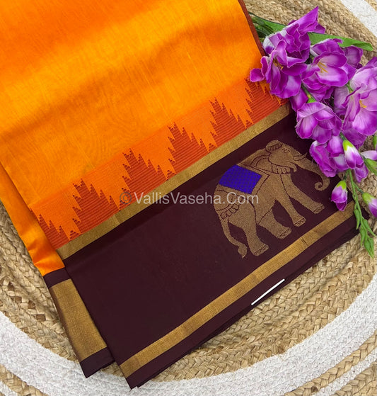 Pure Korvai Silk Cotton Saree - Border Elephant butta Design - Orangish Yellow With Brown - VVKSC018