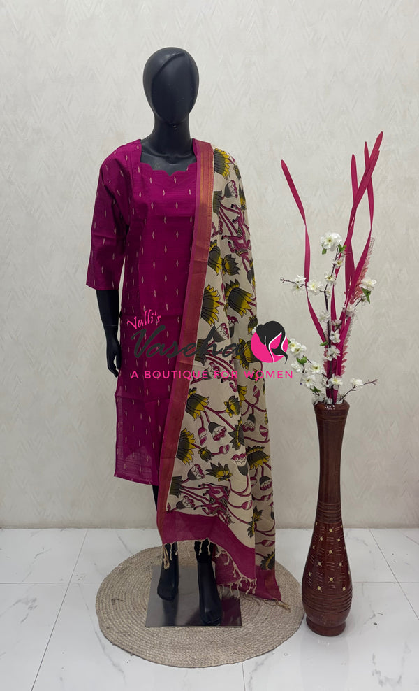 Ready Made - Semi Raw Silk Kurti with Chennur Silk Kalamkari Duppatta - 2pc Set - VVSRK002