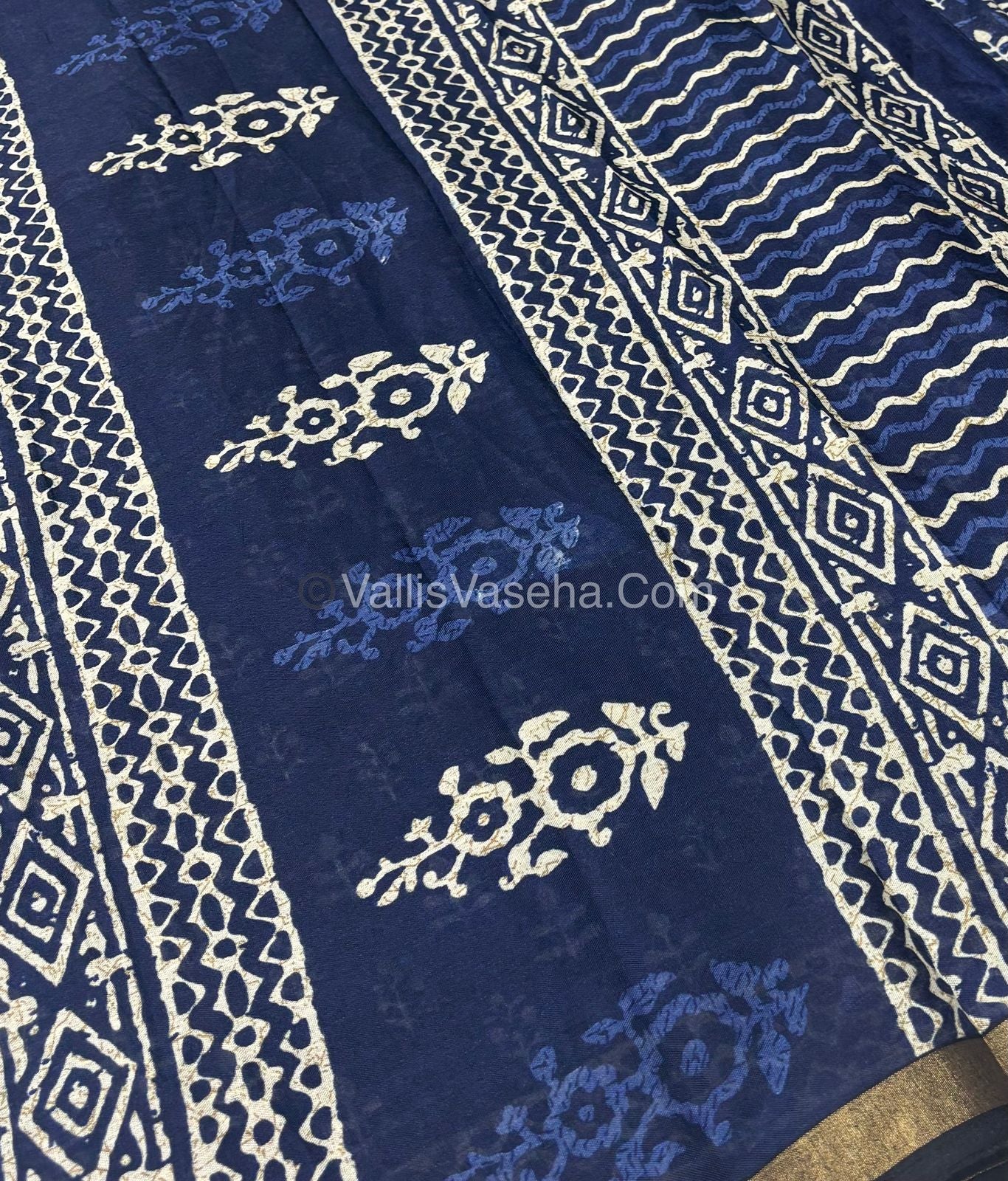 Semi Maheshwari Mixed Cotton Saree - Linen Feel - Indigo Blue & Blue - VVMSC003