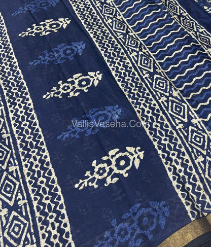 Semi Maheshwari Mixed Cotton Saree - Linen Feel - Indigo Blue & Blue - VVMSC003