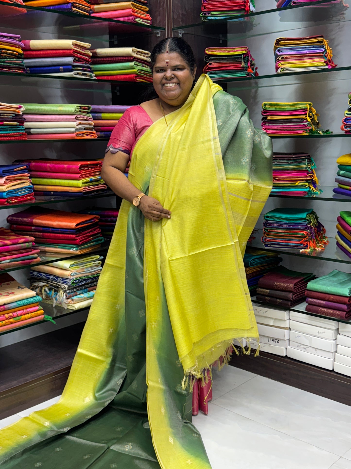 Bhagalpuri Silk - Vaira Voosi Lines -Green & Lemon Yellow Combo - VVBSV001