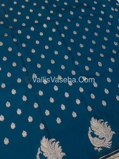 Semi Soft Silk - Peacock Butta Border - Dark Peacock Blue Shade -VVSSS014