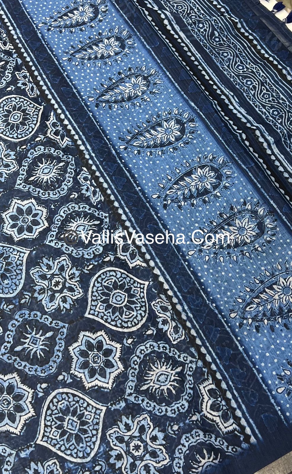 Linen Mixed Cotton Saree - Indigo Blue - Printed - VVLMP001