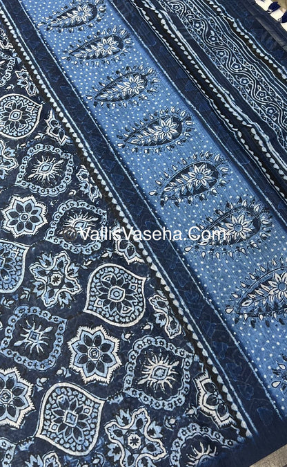 Linen Mixed Cotton Saree - Indigo Blue - Printed - VVLMP001