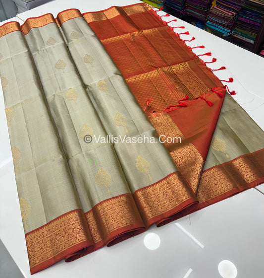 Pure Soft Silk Saree - Creamish Greenish Gold To Maroonish Orange - Velum & Mayilum - Kanchi Border - VVPSS015