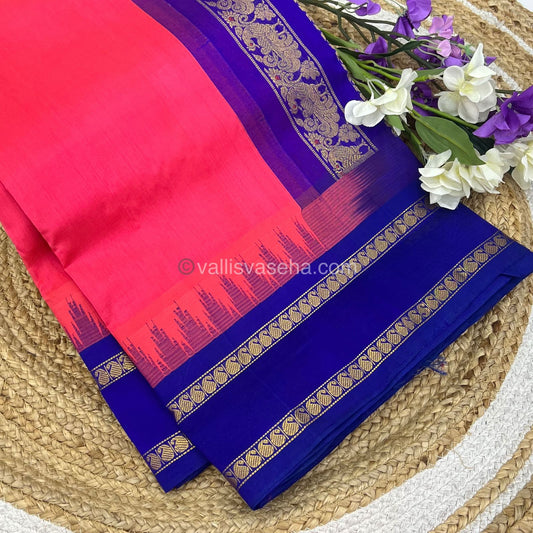 Pure Korvai Silk Cotton Saree - Peachish Pink with Blue - Retta Petta border - VVKSC004