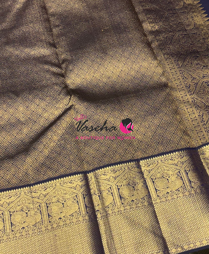 Pure Vintage Korvai Kanchipuram Silk Saree - Lemon Green & Navy Blue Combo - VVPS021
