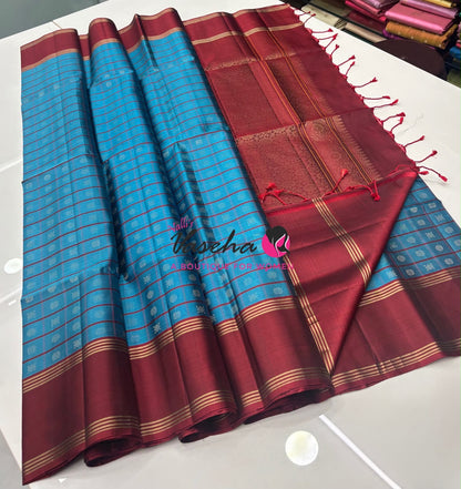 Pure Soft Silk Saree - Blue & Maroon Shade - VVPSS116