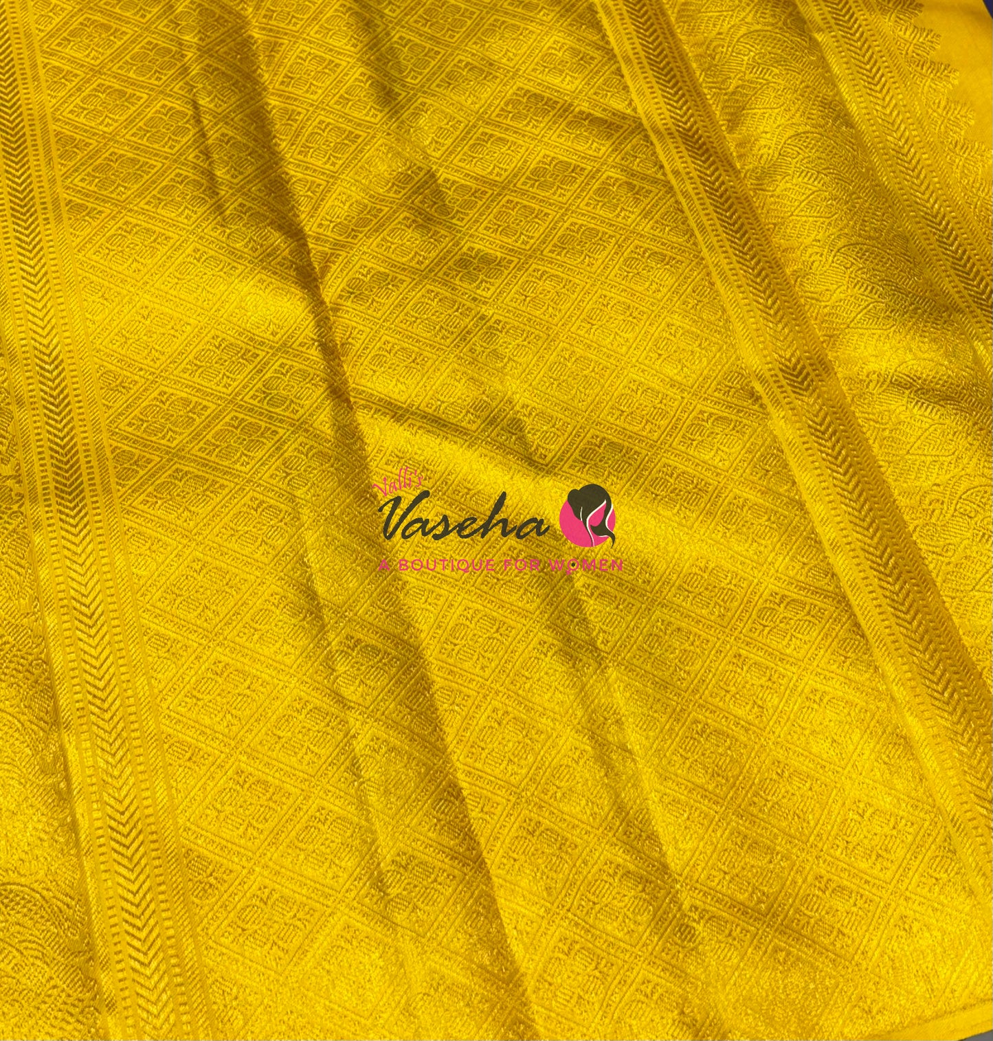 Pure Kanchipuram Silk Saree - Border Less - Royal Blue with Yellow Combo - VVPS043