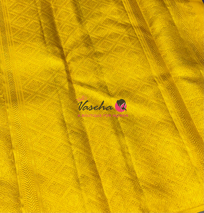 Pure Kanchipuram Silk Saree - Border Less - Royal Blue with Yellow Combo - VVPS043