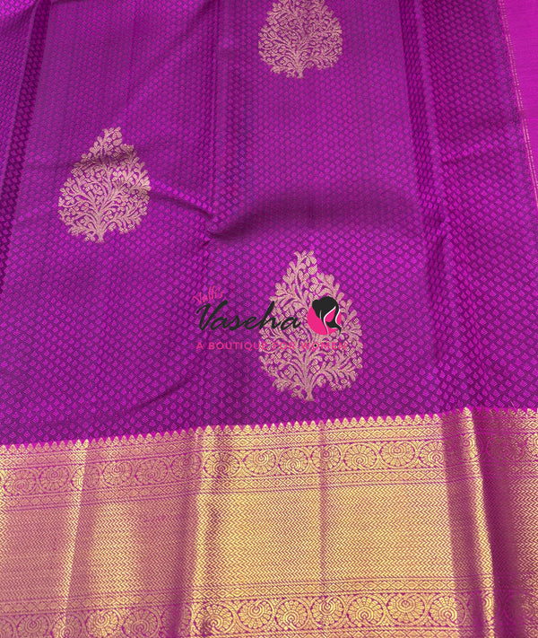 Pure Kanchipuram Bridal Silk Saree - Embossed Design - Purple With Pink Combo - VVPS023